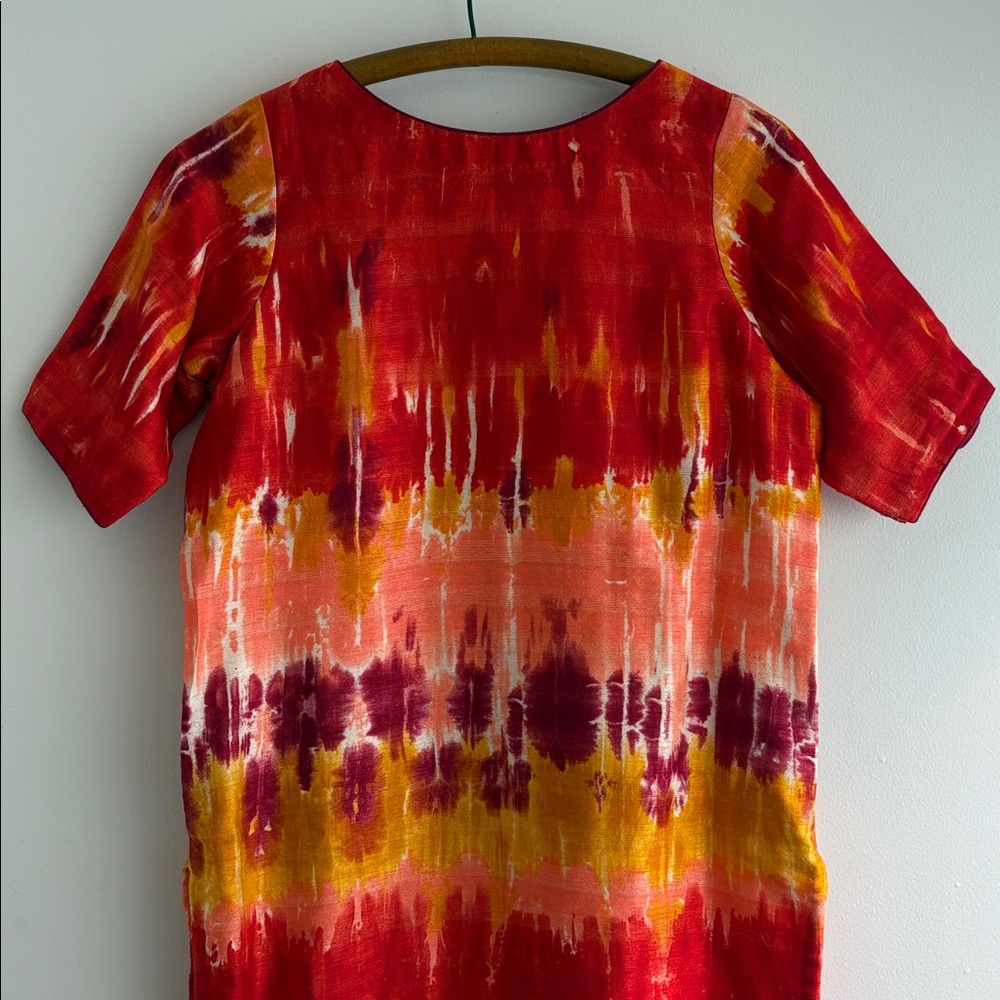 Vintage 60s-70s tie-dye patterned raw silk dress in vivid sunset colors - Picture 3 of 11